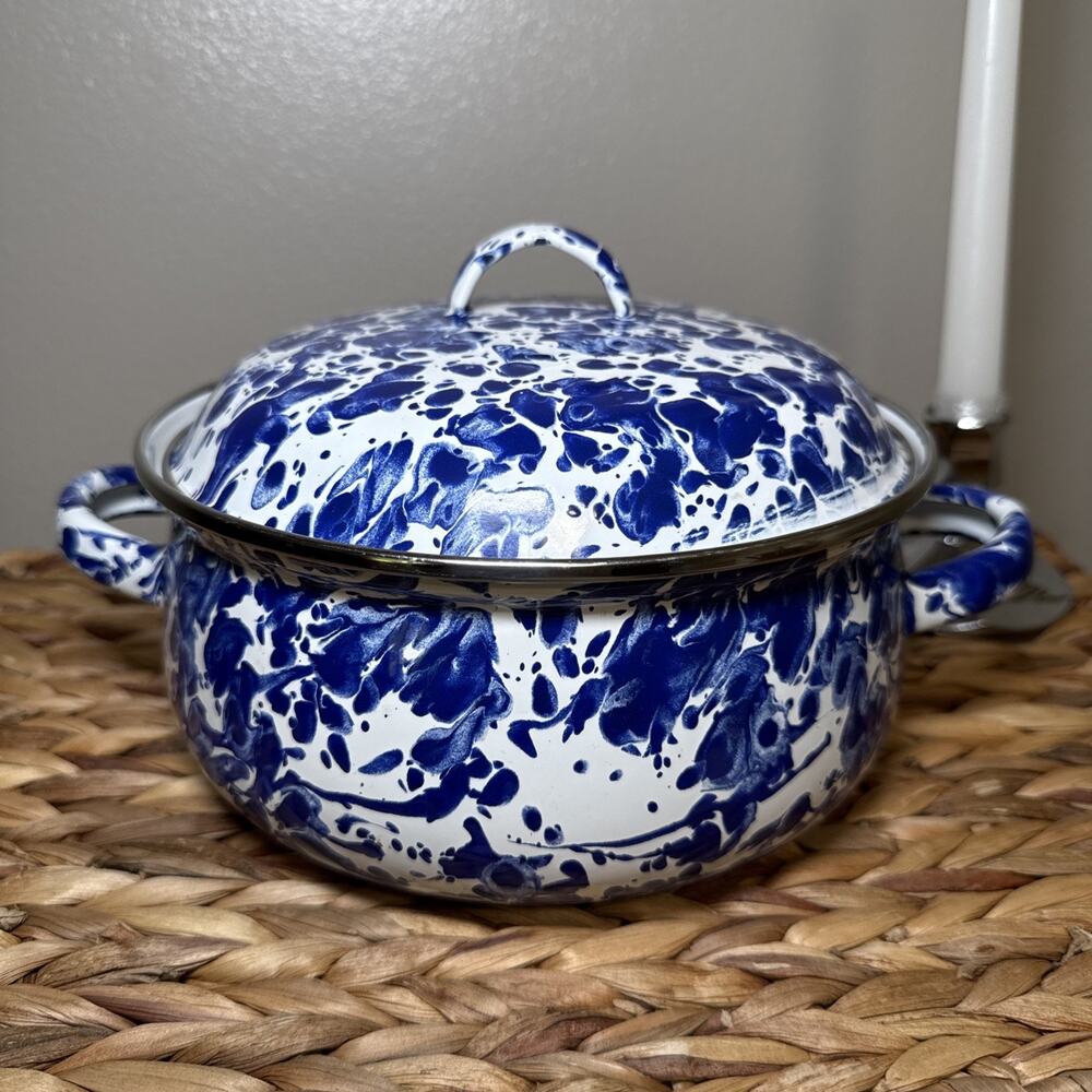 Golden Rabbit Blue White Spongeware Enamelware Covered Casserole Pot With Lid